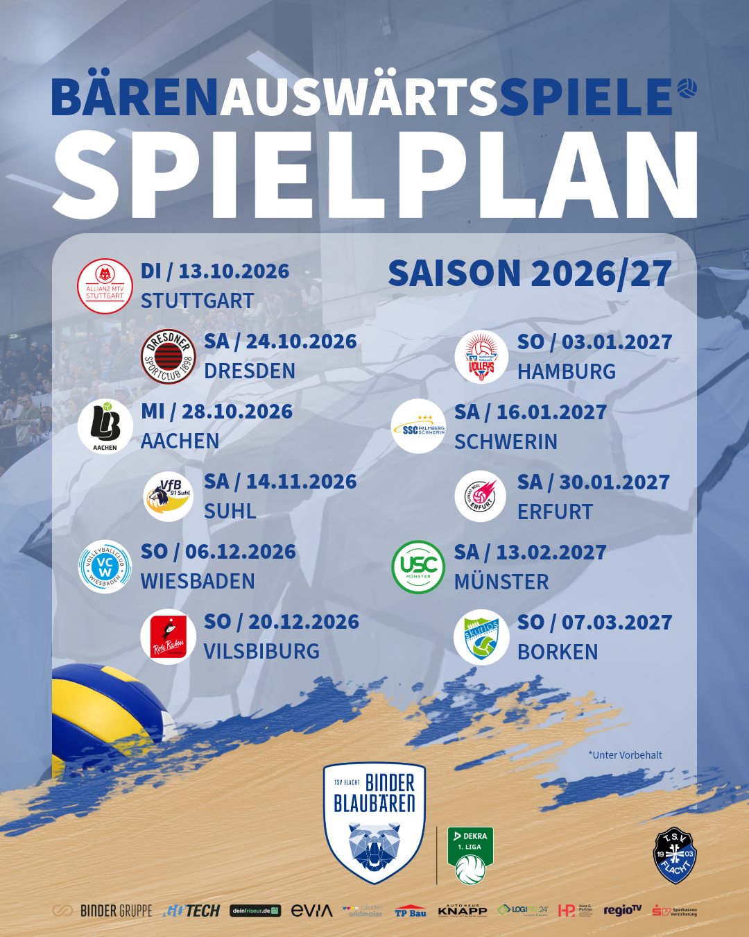 Termien der Binder Blaubären TSV Flacht für die Saison 2026/2027