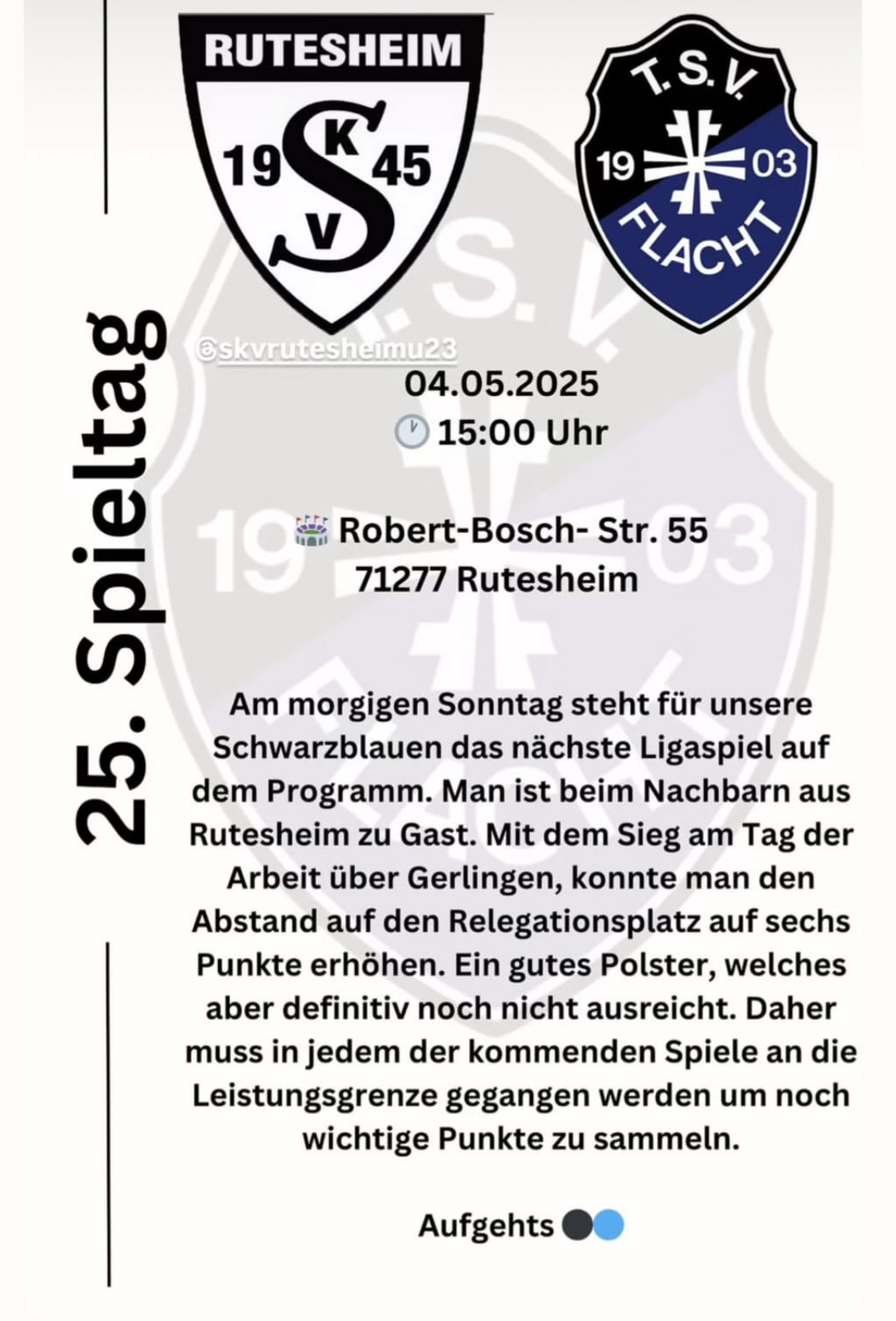 Morgen sind unsere schwarz blauen zu Gast bei der SKV Rutesheim II