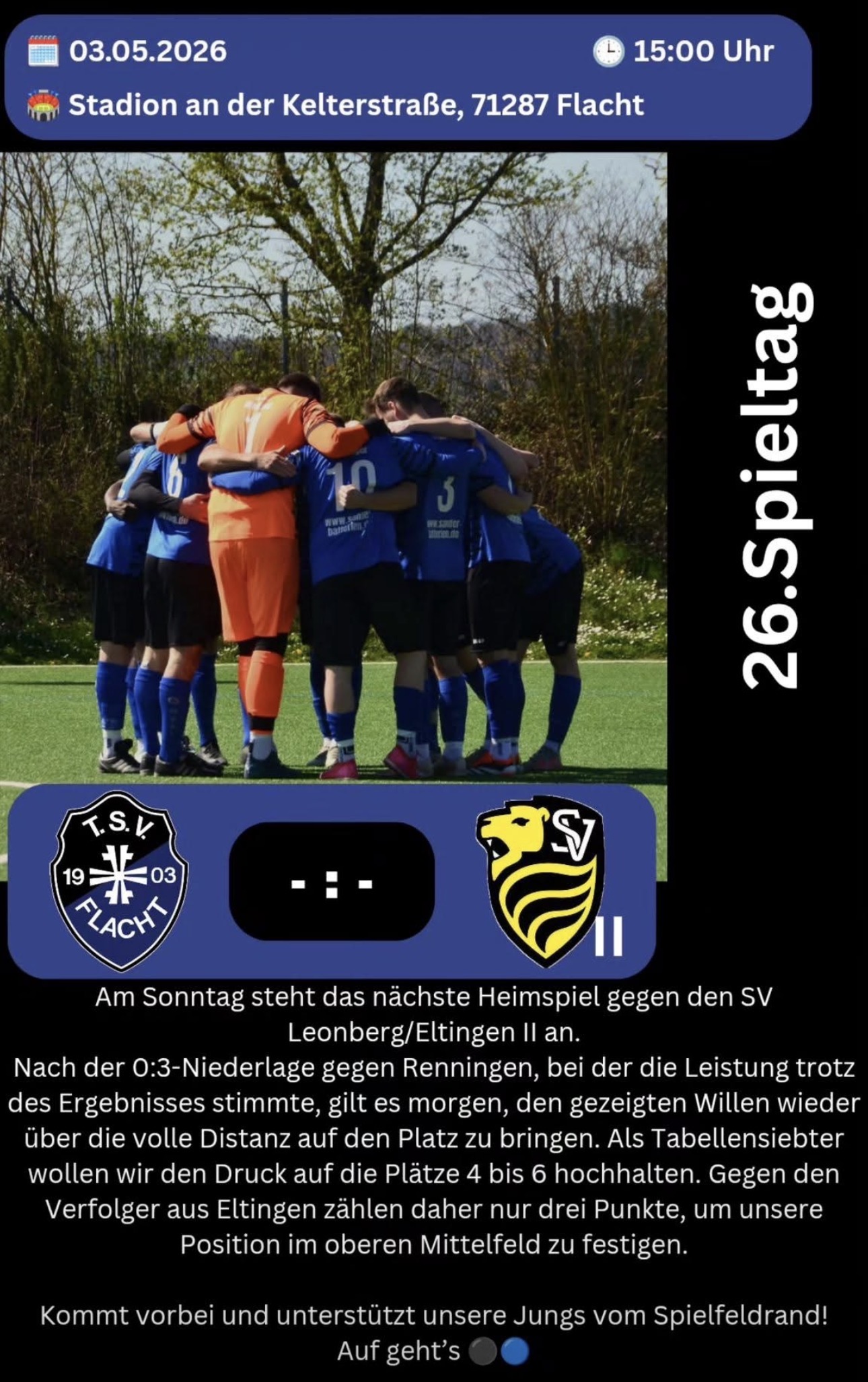 26- Spieltag: SV Leonberg/Eltingen zu Gast an der Kelterstraße
