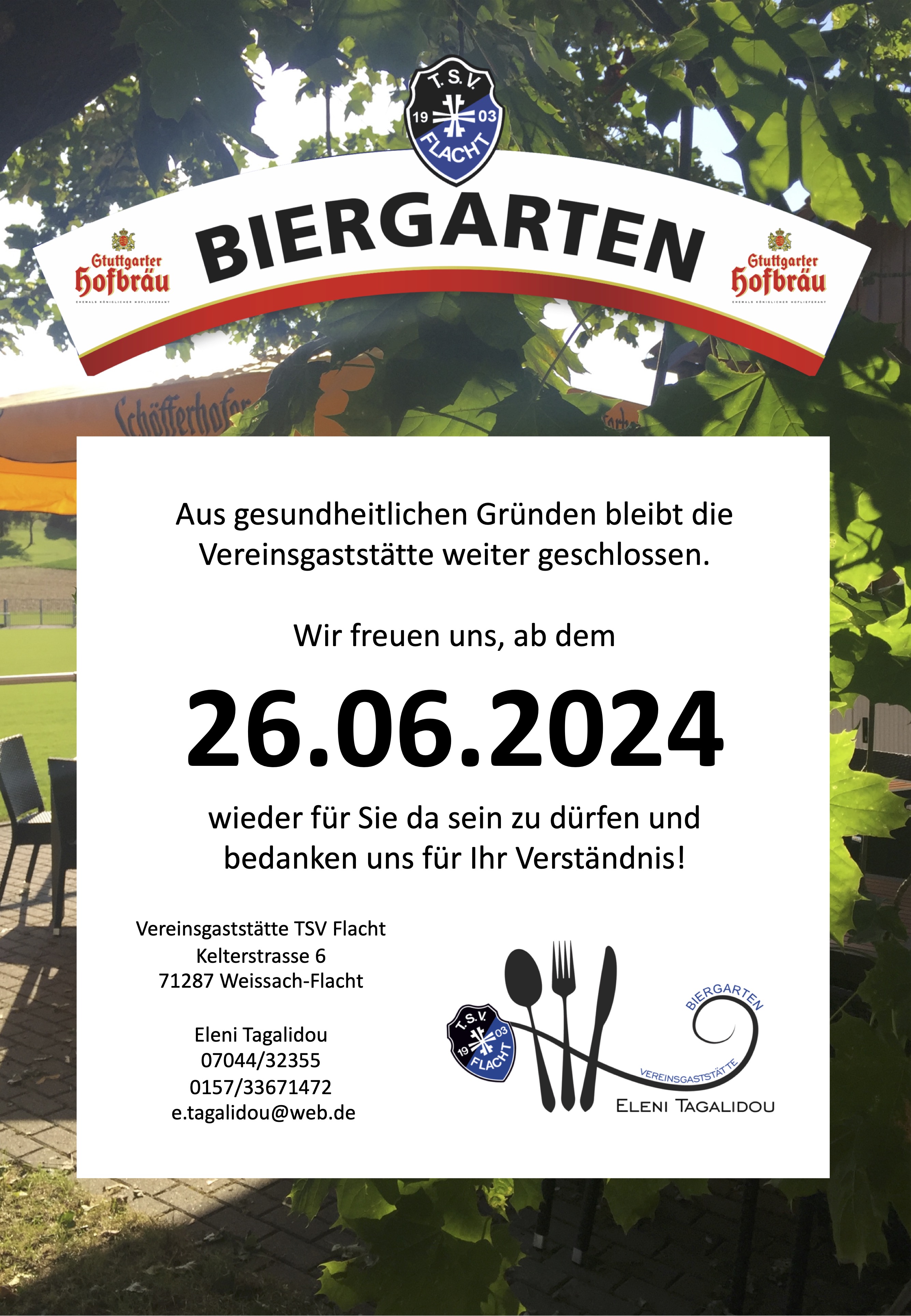 Vereinsgaststätte öffnet wieder am 26.06.2024