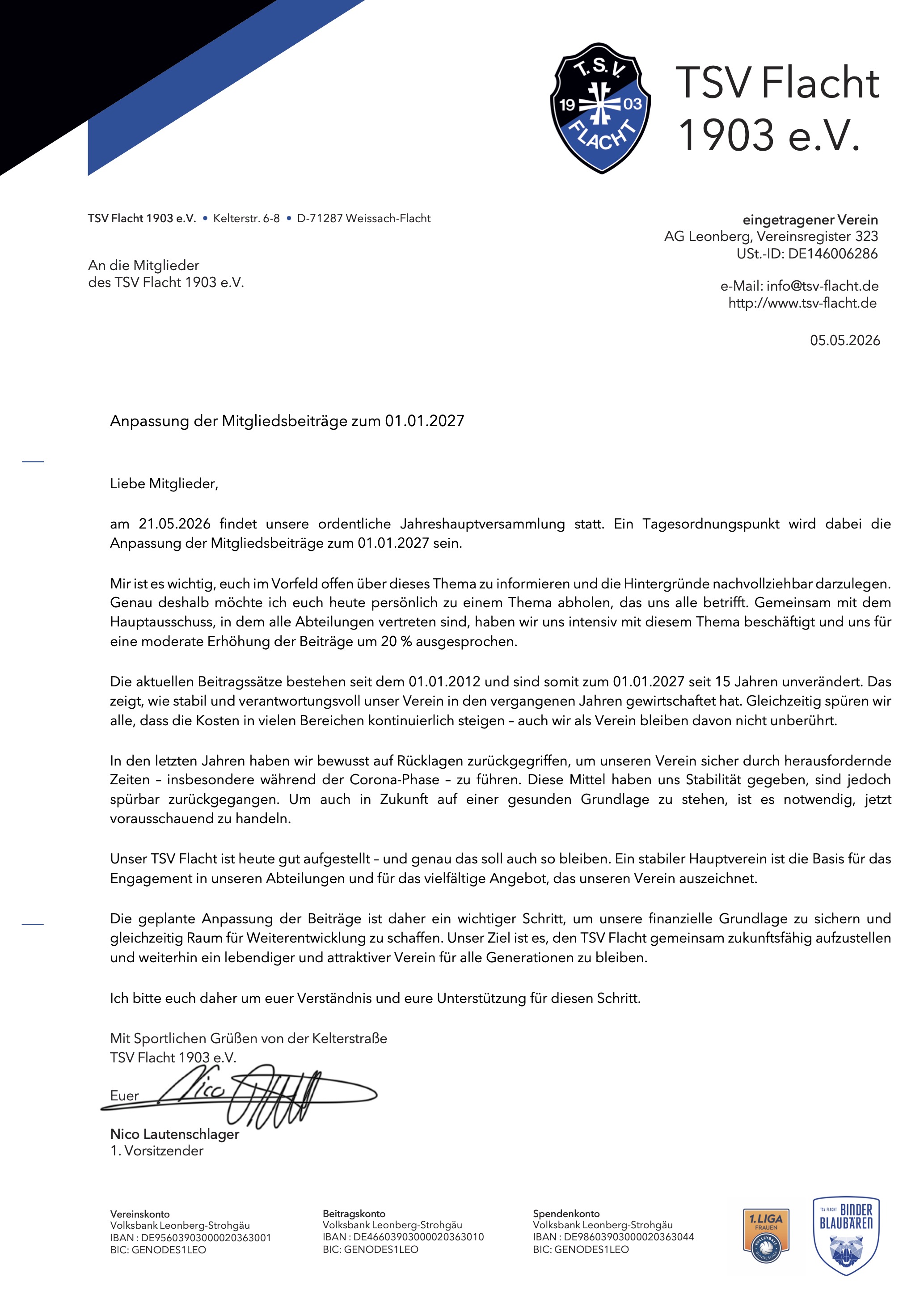 Schreiben des 1. Vorsitzenden zu geplanten Anpassung der Mitgliedsbeiträge zum 01.01.2027