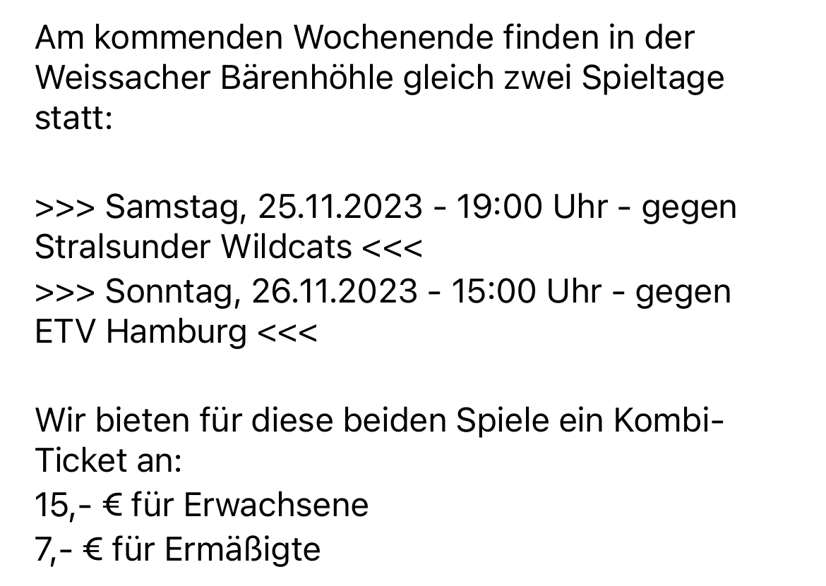 Kombi-Ticket Aktion der Binder Blaubären TSV Flacht