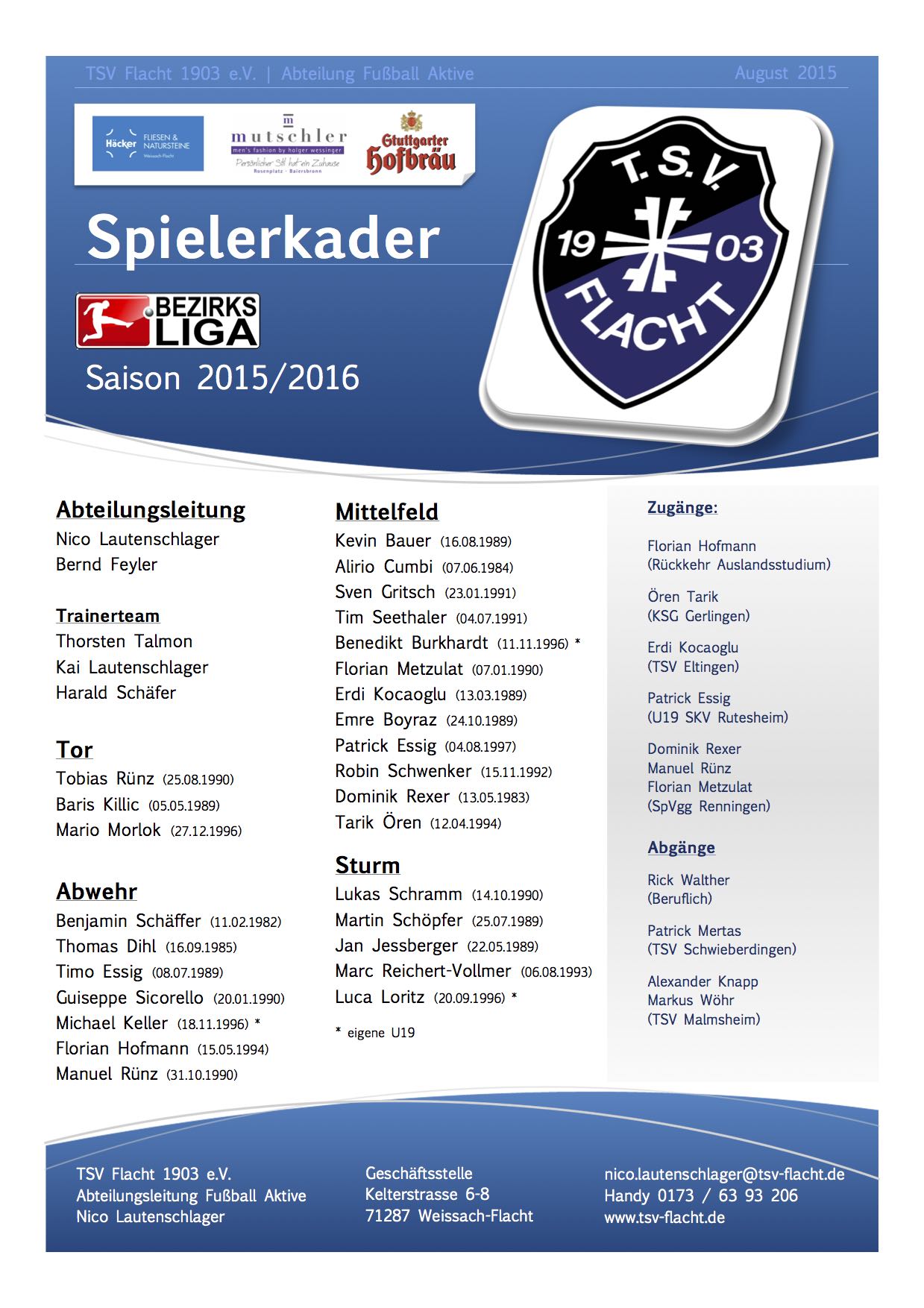 TSV Flacht Spielerkader Bezirksliag Saison 2015 2016 ohne Markus Kopie